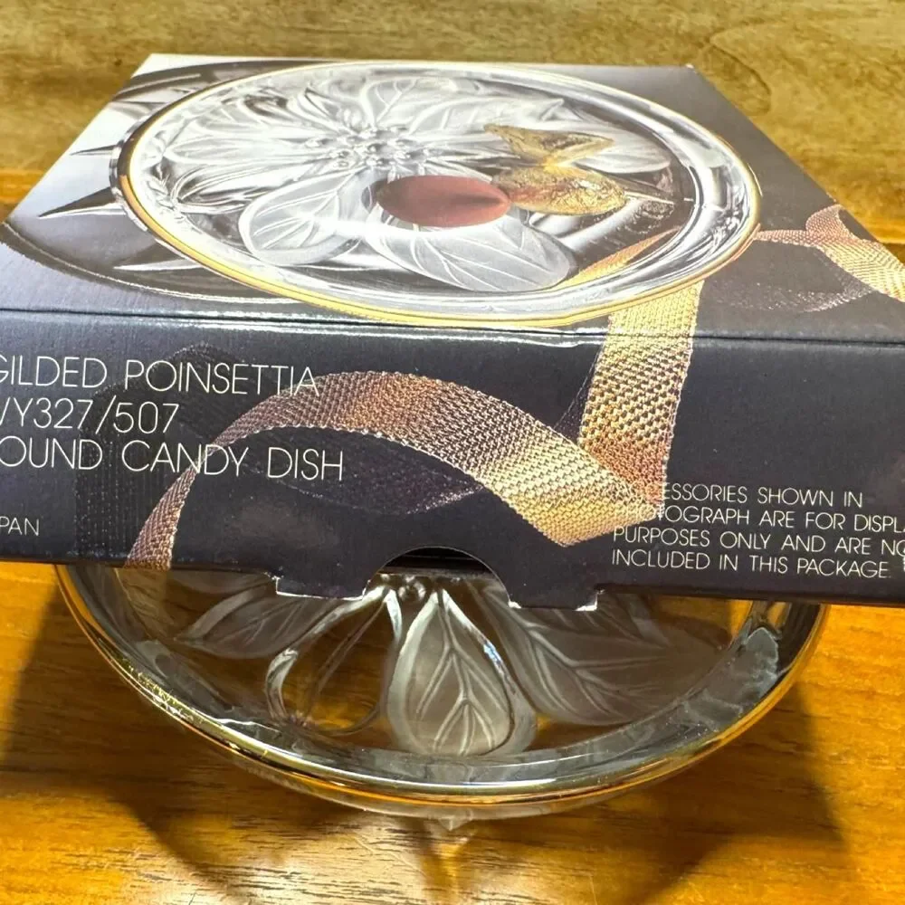 NEW Lead Crystal Poinsetta Candy Dish with Gold Trim New in Original Box